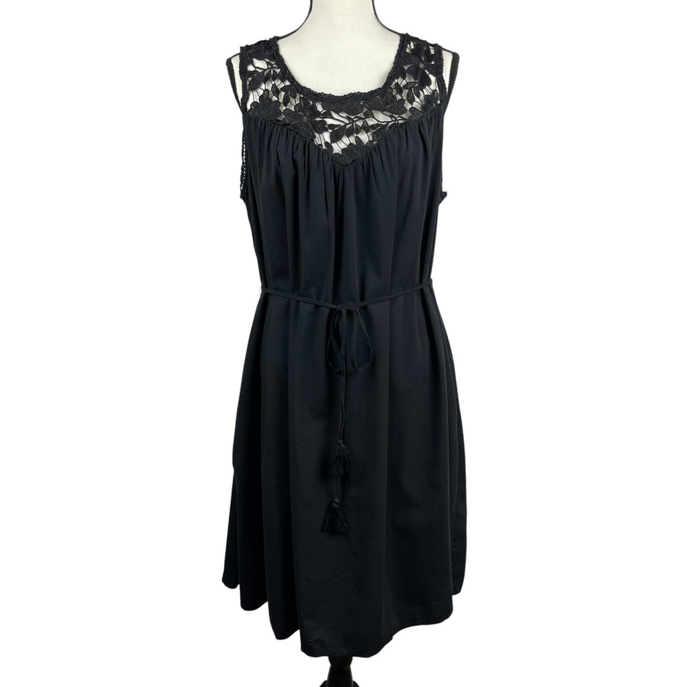 Knox Rose Women's Dress XXL Black Lace Yoke Sleeveless Tassel Tie Boho Peasant